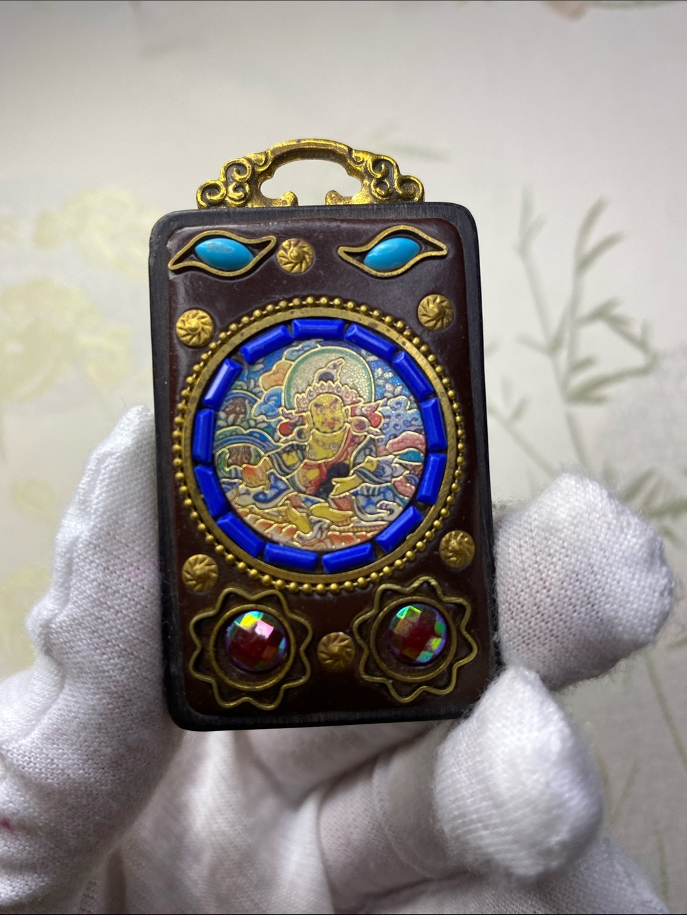 Retro Nepal Tibetan Huang Caishen ebony wood Tangka pendant